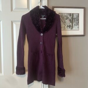 Women's Purple Sweater with Faux Fur Trim